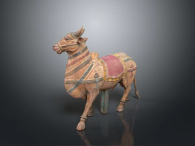 Ancient Ox Sculpture Featuring Painted Harness Saddle And Decorative Straps 3d model