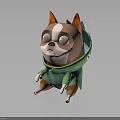 Sad Looking 3D Model Dog Wearing Green Hoodie Sitting On Reflective Black Surface