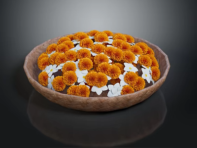 Handmade Wooden Bowl Filled With Vibrant Orange And White Decorative Flowers 3d model