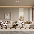 Modern Living Room Interior With Beige Sofa Coffee Table Decorative Paintings And Rug
