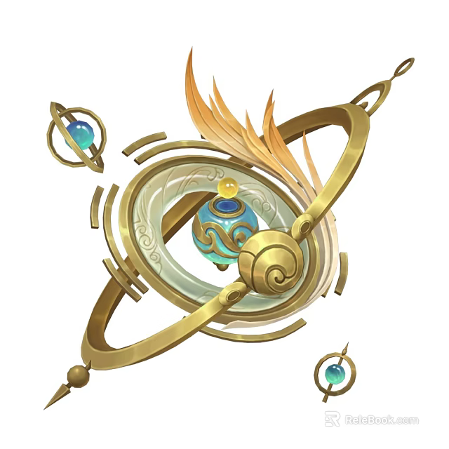 Fantasy Weapon With Golden Circular Rings Blue Gemstone Accents And Feather Like Designs 3d model 