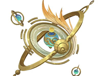 Fantasy Weapon With Golden Circular Rings Blue Gemstone Accents And Feather Like Designs 3d model