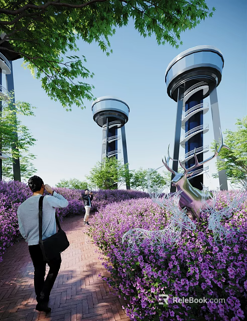 Road Facilities Featuring Tall Towers Walking Path Purple Flower Bushes And Deer Sculpture 3d model 