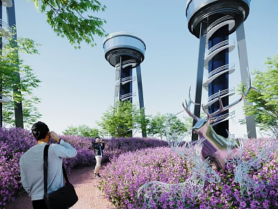 Road Facilities Featuring Tall Towers Walking Path Purple Flower Bushes And Deer Sculpture 3d model