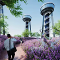 Road Facilities Featuring Tall Towers Walking Path Purple Flower Bushes And Deer Sculpture