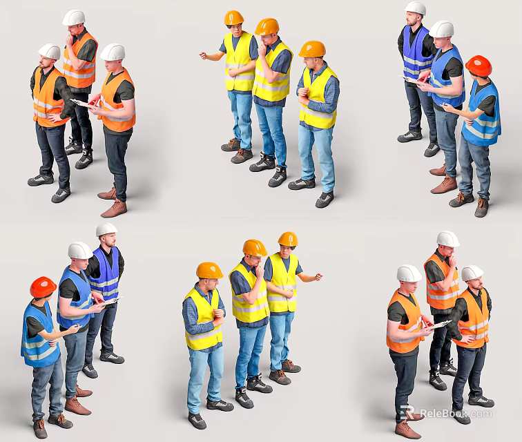 Multiple Construction Workers in Safety Vests and Hard Hats Collaborating on Site 3d model 