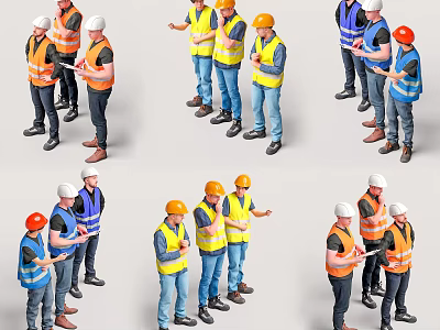 Multiple Construction Workers in Safety Vests and Hard Hats Collaborating on Site 3d model