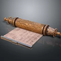 Ornate Golden Scroll With Intricate Carved Patterns And Unfolded Text Paper 3d model