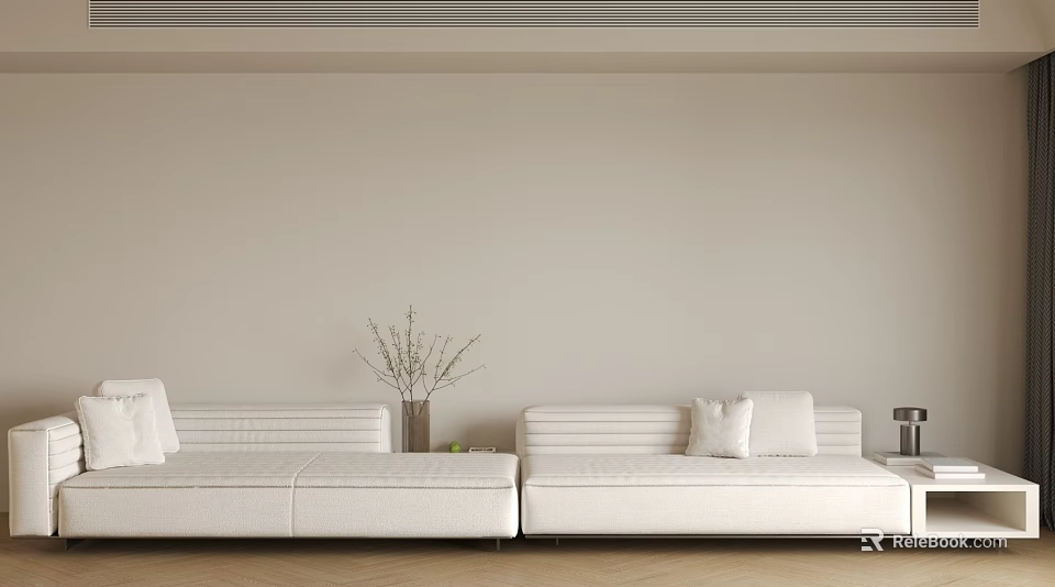 Modern Minimalist White Three-Seater Sofa With Pillow Vase And Plant In Living Room 3d model 
