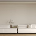 Modern Minimalist White Three-Seater Sofa With Pillow Vase And Plant In Living Room