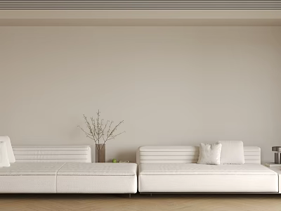 Modern Minimalist White Three-Seater Sofa With Pillow Vase And Plant In Living Room 3d model
