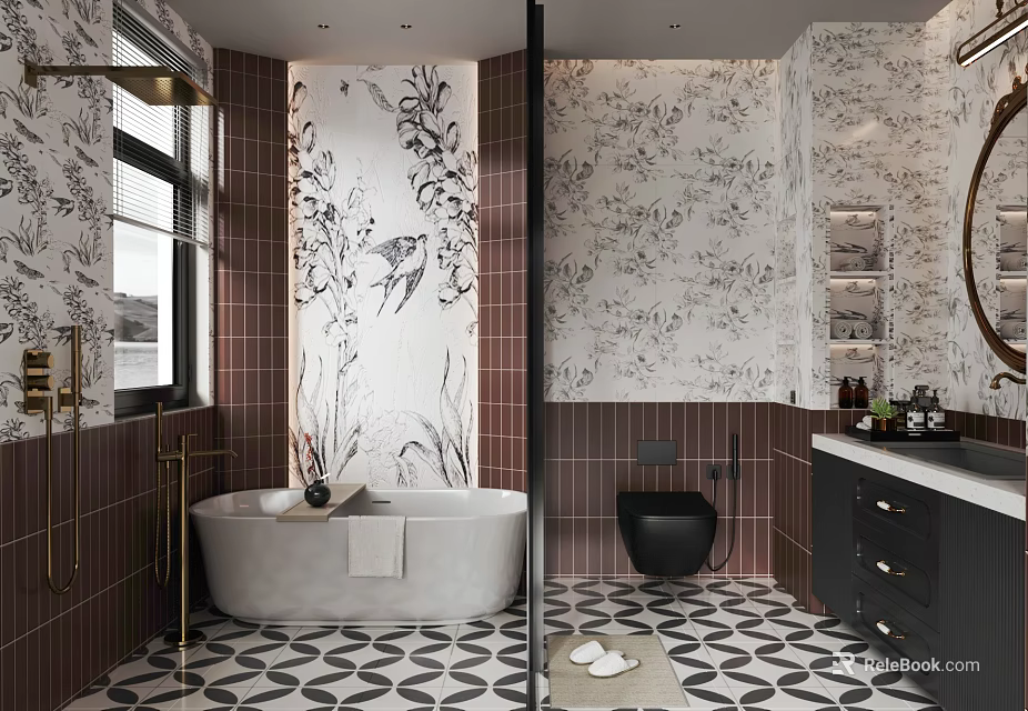 Elegant Modern Bathroom Interior with Freestanding Bathtub Toilet Dark Vanity Floral Wallpaper And Patterned Tiles 3d model 