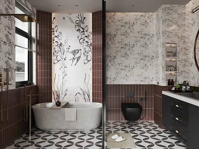 Elegant Modern Bathroom Interior with Freestanding Bathtub Toilet Dark Vanity Floral Wallpaper And Patterned Tiles 3d model