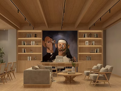 Modern Office Lounge Interior With Wooden Ceiling Large Artwork Shelving Units And Sofa 3d model
