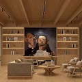 Modern Office Lounge Interior With Wooden Ceiling Large Artwork Shelving Units And Sofa
