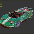 Green Sports Car With White Stripes Rear Spoiler And Blue Alloy Wheels