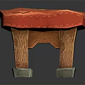Traditional Red Stool With Carved Patterns Wooden Legs And Golden Object On Top