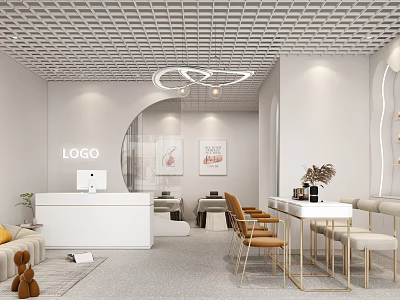 Modern Beauty Salon Interior With White Reception Desk Curved Design Wall Art And Comfortable Seating 3d model
