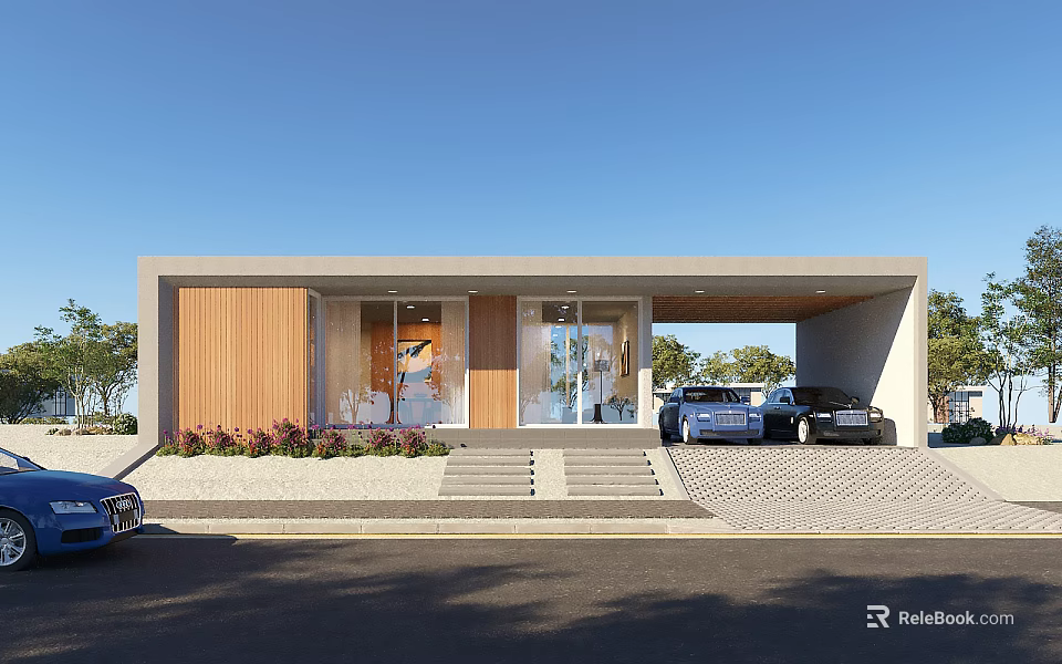 Modern Detached Villa With Wooden Facade Large Glass Windows Front Steps And Parking Area 3d model 