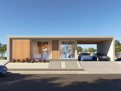 Modern Detached Villa With Wooden Facade Large Glass Windows Front Steps And Parking Area 3d model