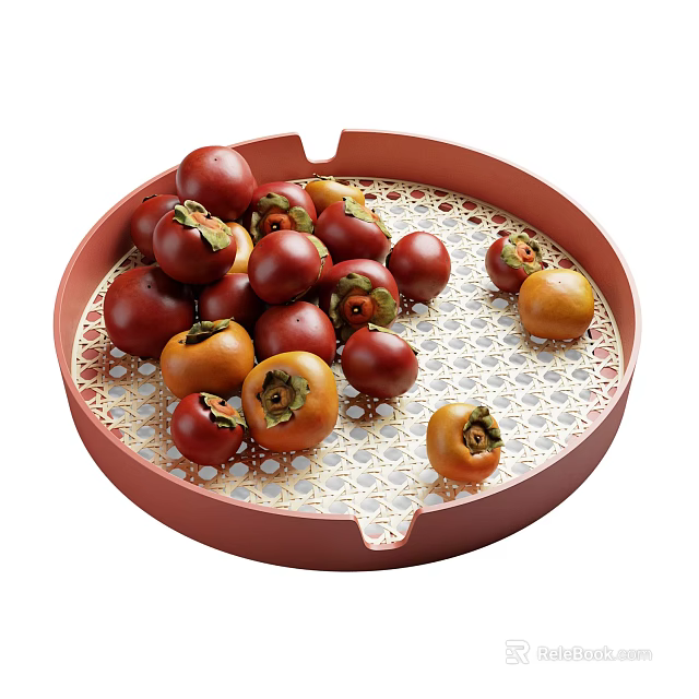 Collection of Fresh Persimmons on Red Round Tray with Lattice Design in Various Ripeness 3d model 