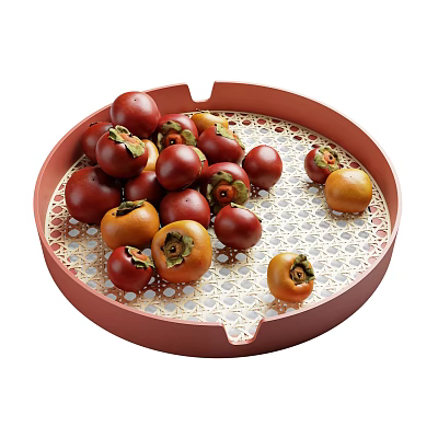 Collection of Fresh Persimmons on Red Round Tray with Lattice Design in Various Ripeness 3d model