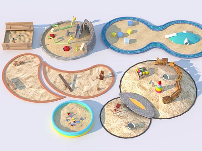 Outdoor Playground Equipment Featuring Various Shaped Sandpits With Slide Toys Wooden Cabin And Water Pool 3d model