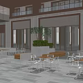 Commercial Street Outdoor Seating Area With Wooden Benches Green Plants And Stone Paved Floor