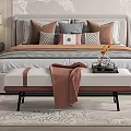 Double Bed with Multiple Patterned Pillows and Bench with Brown Blanket Tray in Elegant Bedroom 3d model