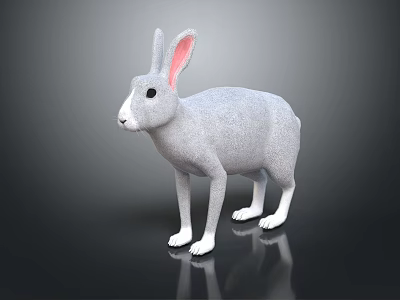 Gray Rabbit With Pink Ears And White Paws Standing On Dark Background With Reflection 3d model