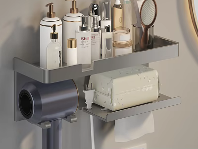 Bathroom Organizer Shelf With Toiletries Hair Dryer And Tissue Box 3d model