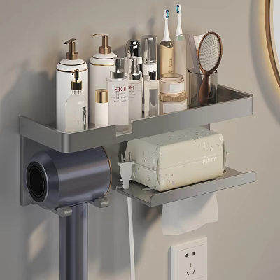 Bathroom Organizer Shelf With Toiletries Hair Dryer And Tissue Box 3d model