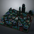 Decorative Lights Illuminating Detailed City Model With Various Buildings And Structures