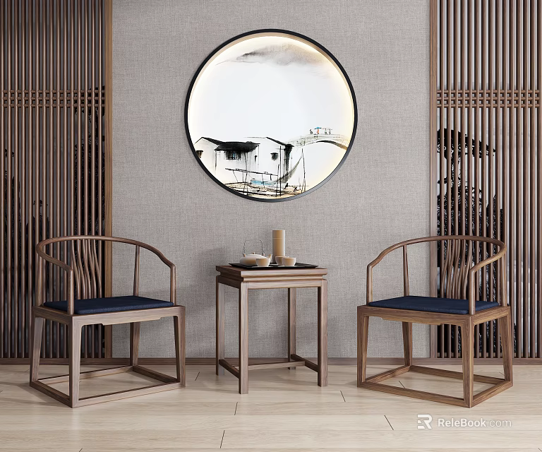 Chinese Traditional Wooden Table And Chairs With Round Decorative Painting And Screen 3d model 