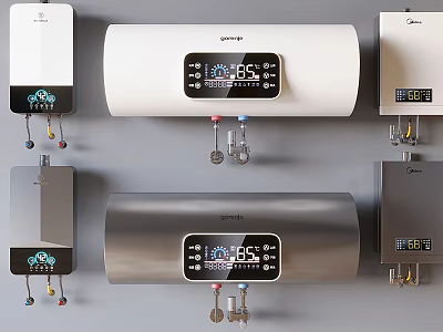 Modern Kitchen Appliances Different Water Heaters With Digital Display And Silver White Design 3d model