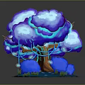 Cartoon Scene With Colorful Tree Purple White Leaves Blue Glowing Effects And Green Ground
