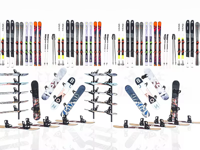 Colorful Recreational Equipment Collection Featuring Skis Snowboards Poles And Storage Racks 3d model
