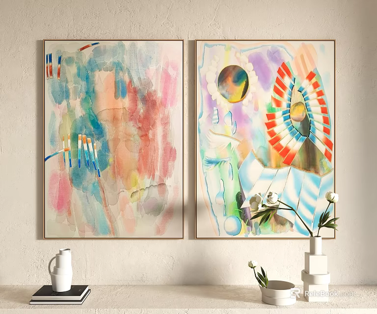 Vibrant Abstract Paintings as Modern Wall Art with Colorful Patterns and Floral Decorative Vase 3d model 