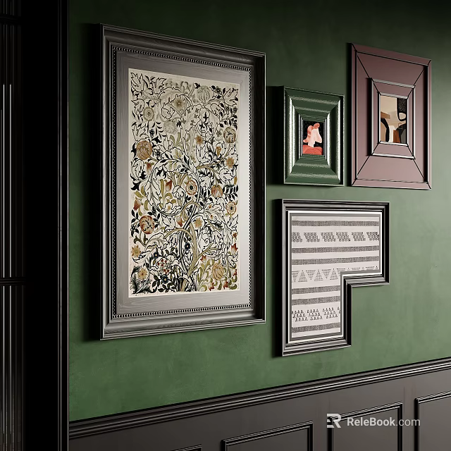 Green Wall Decorated With Various Picture Frames Including Floral Portrait And Geometric Designs 3d model 