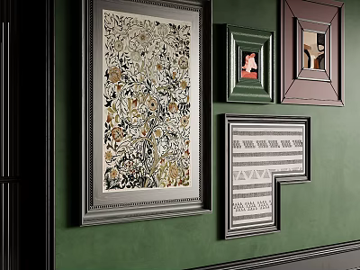 Green Wall Decorated With Various Picture Frames Including Floral Portrait And Geometric Designs 3d model