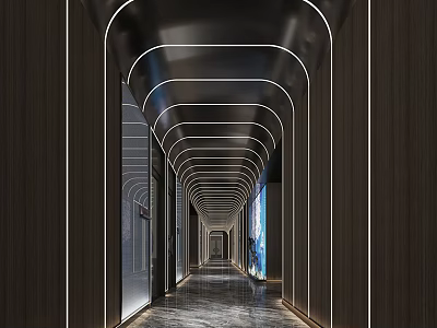 Modern Elevator Corridor Interior Design With Curved LED Strip Lights And Wooden Panel Walls 3d model