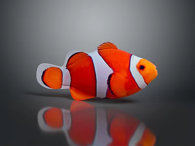 Orange And White Clownfish With Black Stripes On Gray Background With Reflection 3d model