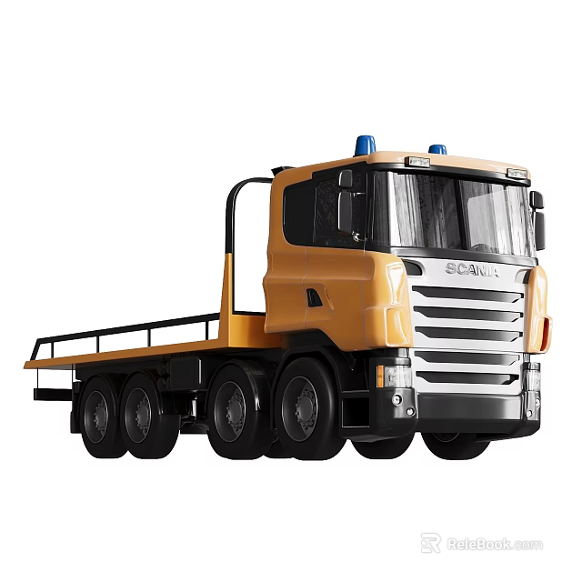 Electric Toy Scania Flatbed Truck with Yellow Body Blue Siren and Multiple Wheels 3d model 
