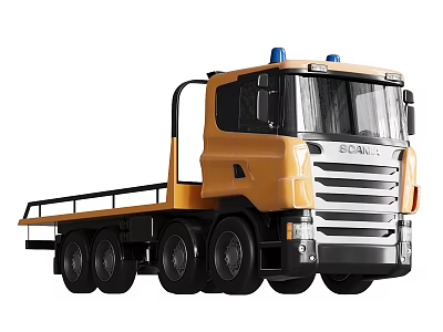 Electric Toy Scania Flatbed Truck with Yellow Body Blue Siren and Multiple Wheels 3d model