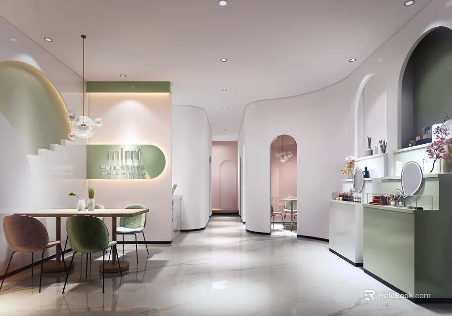 Elegant Modern Beauty Hair Salon Interior With Mirrors Comfortable Chairs And Product Displays 3d model 