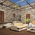 Serene Garden Landscape Featuring Stone Walls Wooden Corridor Bamboo and Water Pond
