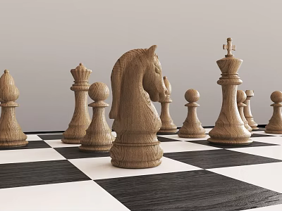 Wooden Chess Pieces On Black And White Checkerboard For Board Game Entertainment 3d model