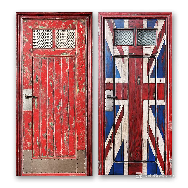 Vintage Red And Union Jack Swing Doors With Grid Windows And Distressed Wood Texture 3d model 