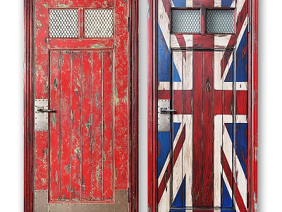 Vintage Red And Union Jack Swing Doors With Grid Windows And Distressed Wood Texture 3d model