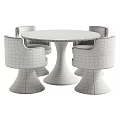 Modern Round Marble Tabletop Dining Set with Wooden Pedestal and Four Beige Upholstered Chairs
